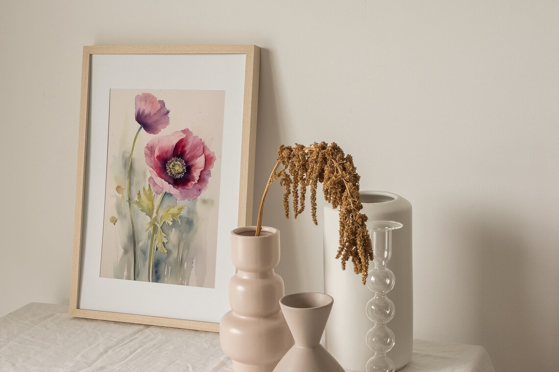 Poppy Watercolor Art Print, Neutral Pink Floral Poster - Image 4
