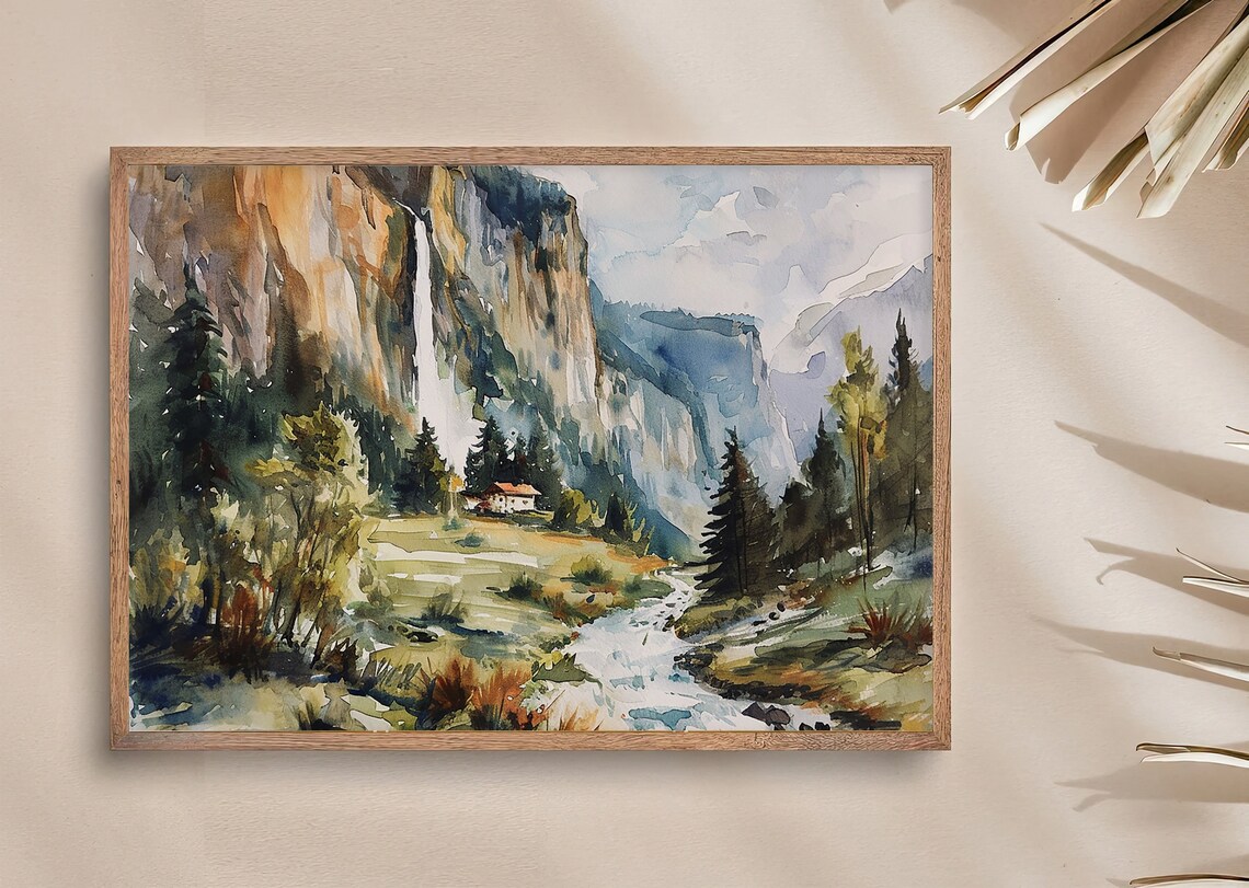 Staubbach Waterfall Switzerland Landscape Watercolor Art Print - Image 4