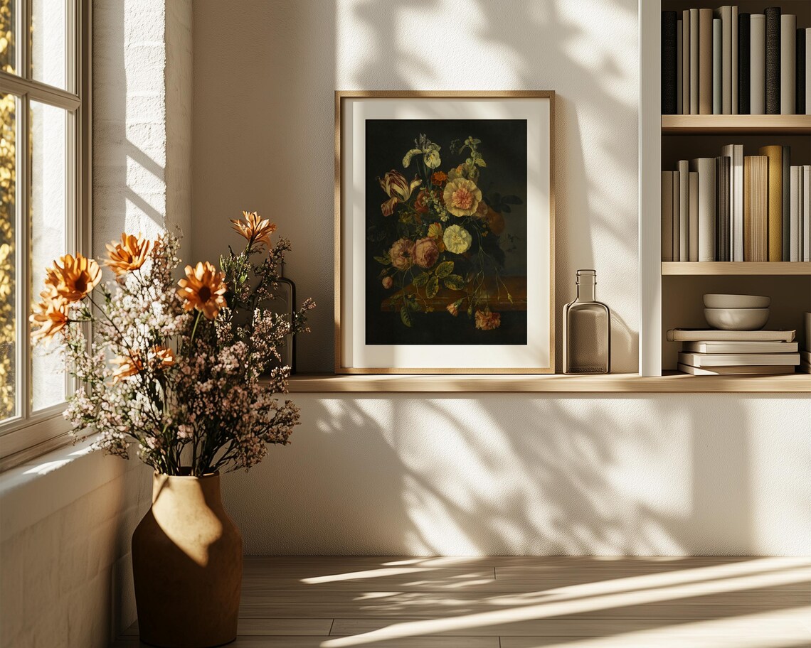 Striped Tulips Iris and Peonies Dark Floral Bouquet Painting Poster - Image 6