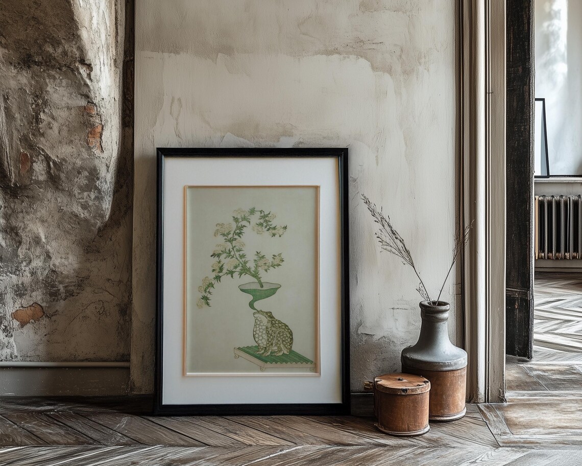 Japanese Woodblock Frog Blowing Floral Vase Whimsical Art Poster - Image 3