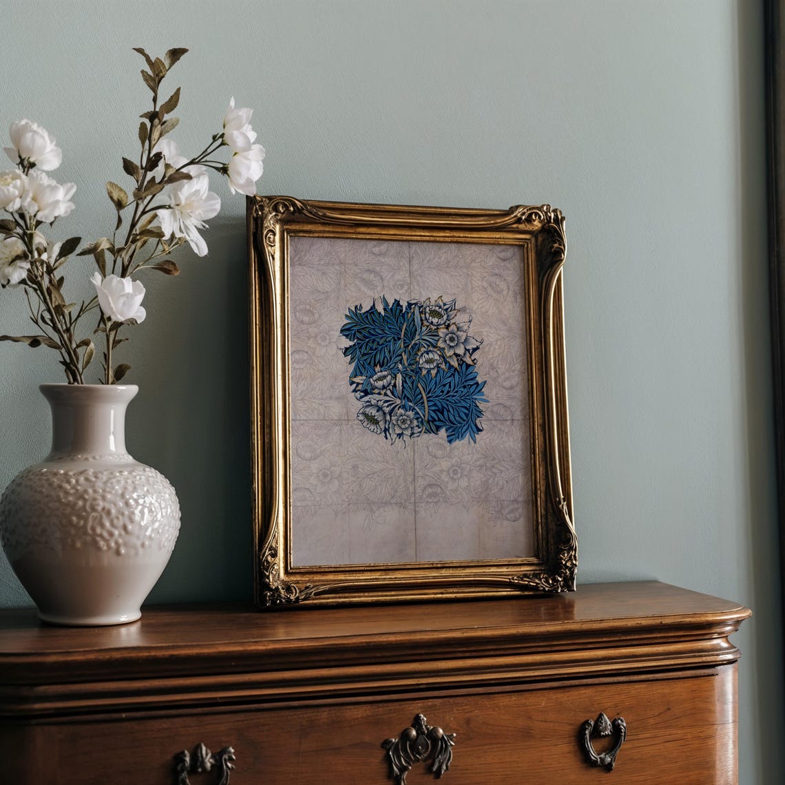 William Morris Style Blue Botanical Motif Sketch Paper Poster - Image 2