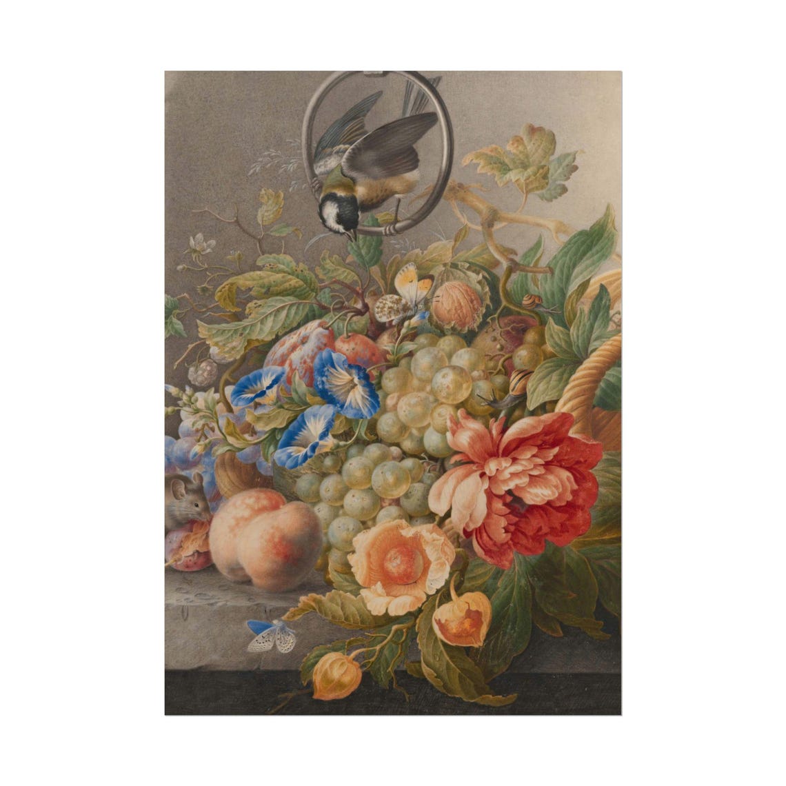 Fruit and Flower Still Life Bird Grapes Peaches Vintage Poster - Image 3