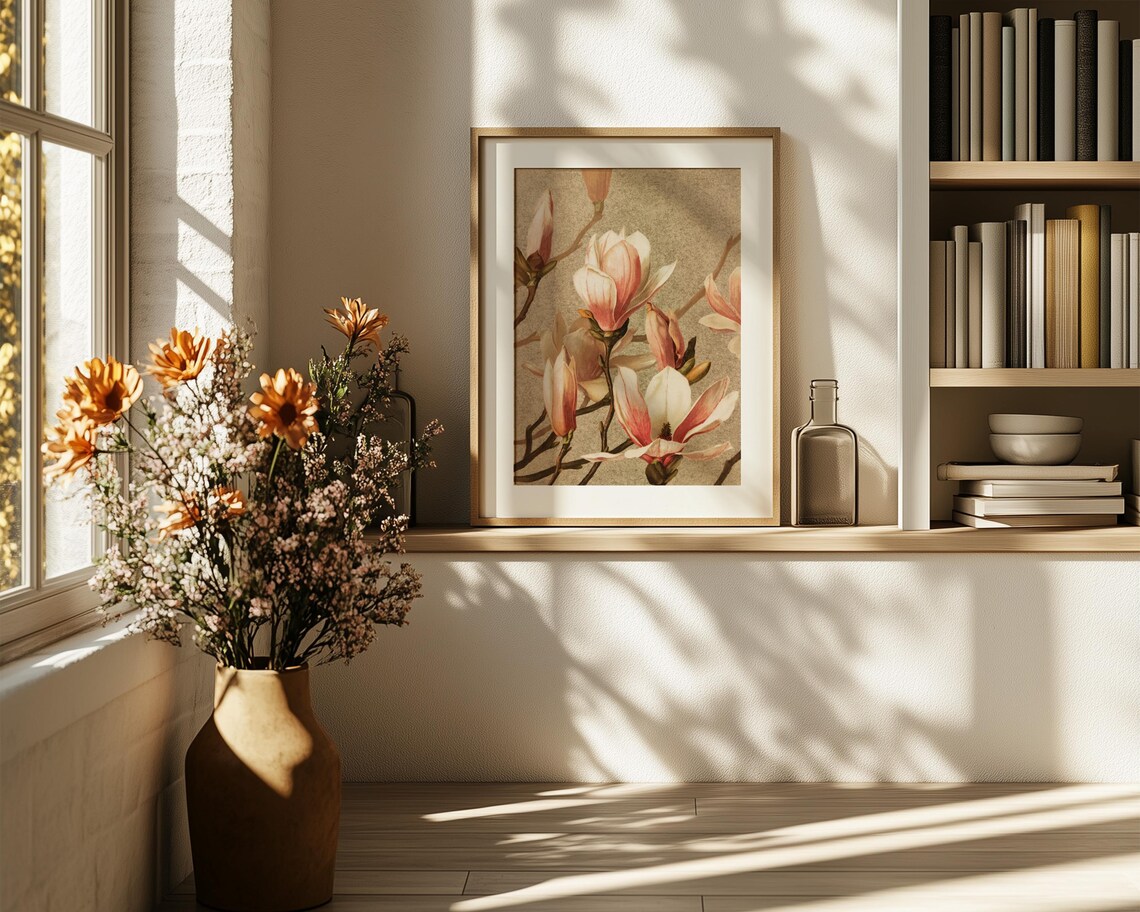 Vintage Magnolia Branch Blush White Blossoms Taupe Ground Poster - Image 6