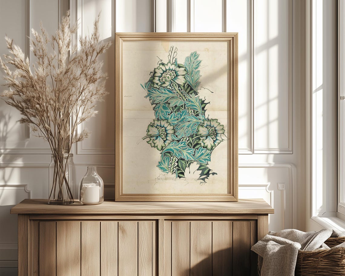 Teal Green Floral Column Design Study Morris Style Art Poster - Image 4