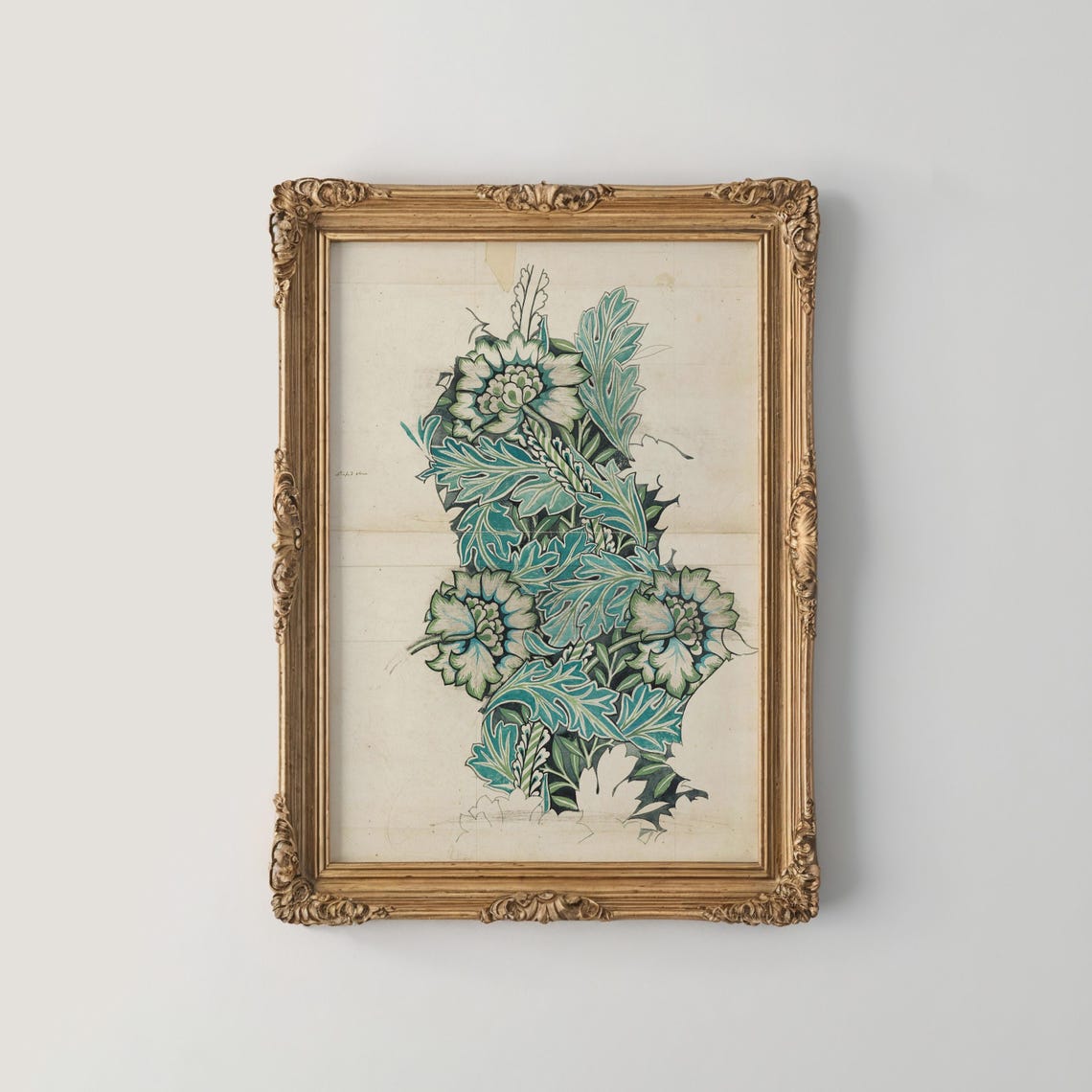 Teal Green Floral Column Design Study Morris Style Art Poster