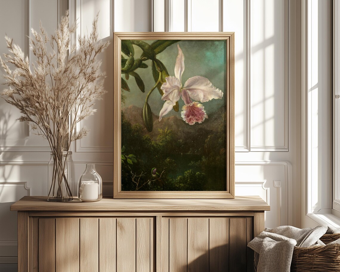 White Orchid Over A Dark Tropical Valley Oil Painting Style Print - Image 4
