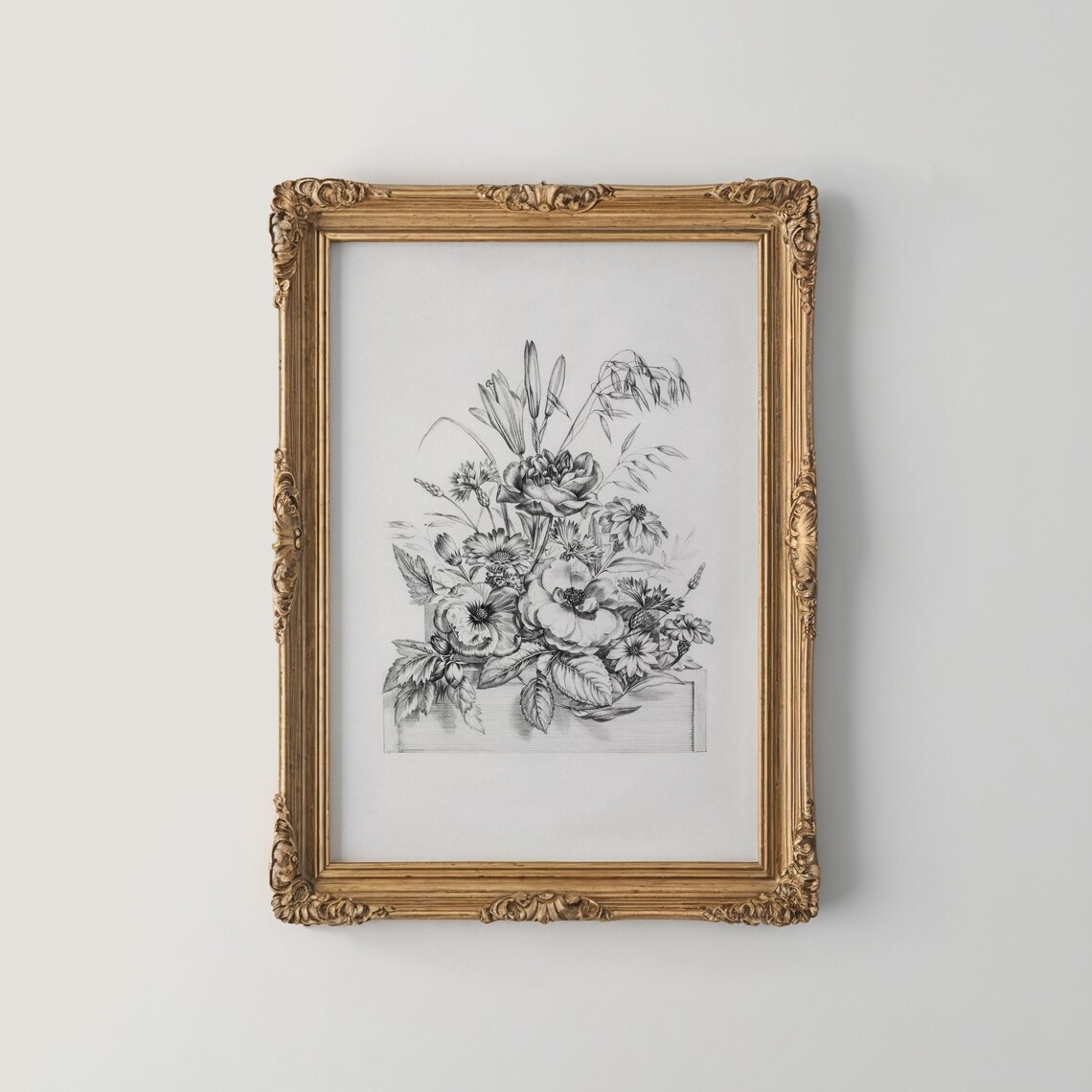 Black and White Botanical Engraving Flower Trough Vintage Poster