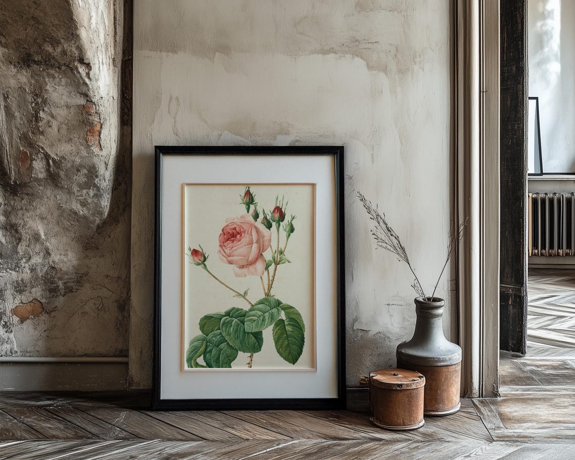 Single Blush Pink Rose Bloom with Buds Vintage Botanical Poster - Image 3
