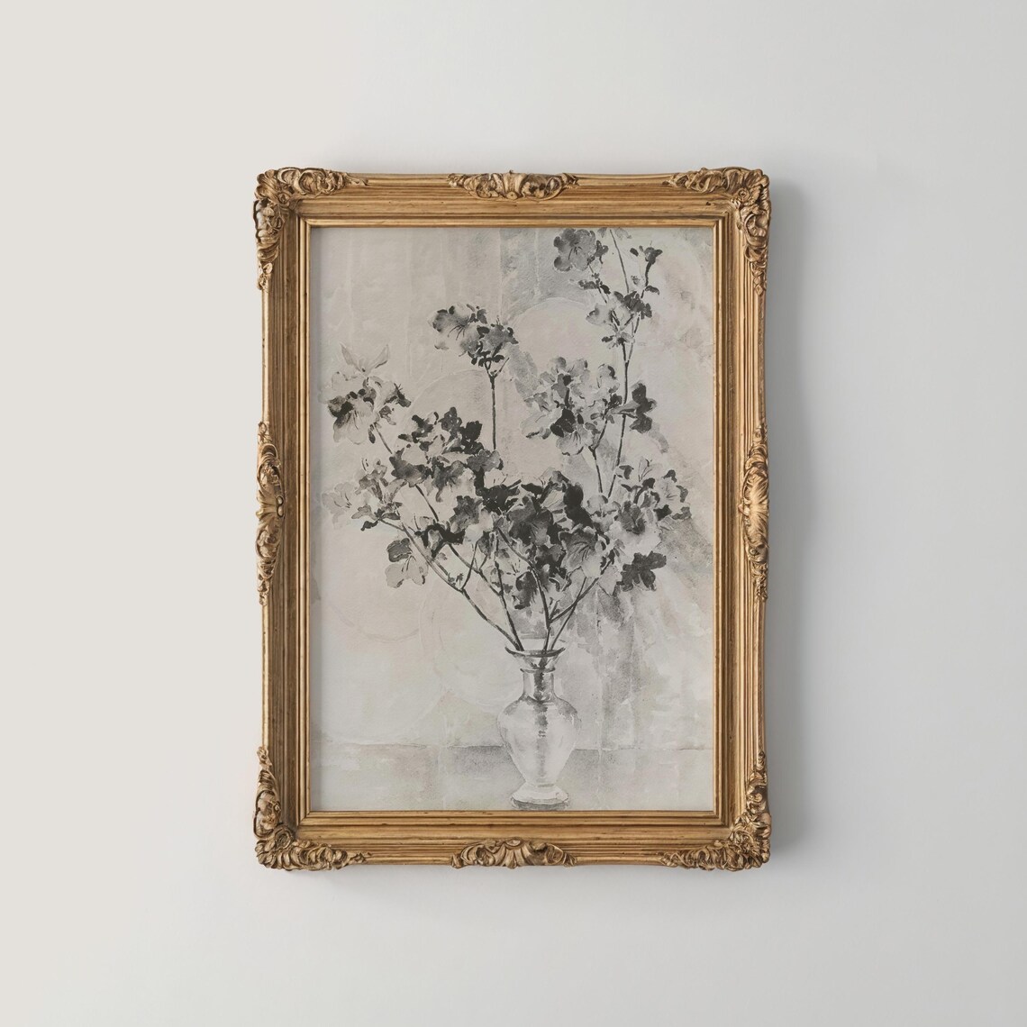 Monochrome Ink Wash Flower Vase in Serene Asian Style Art Poster