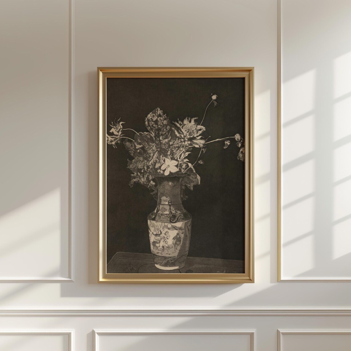 Monochrome Floral Still Life Chinese Vase Dark Background Poster - Image 5