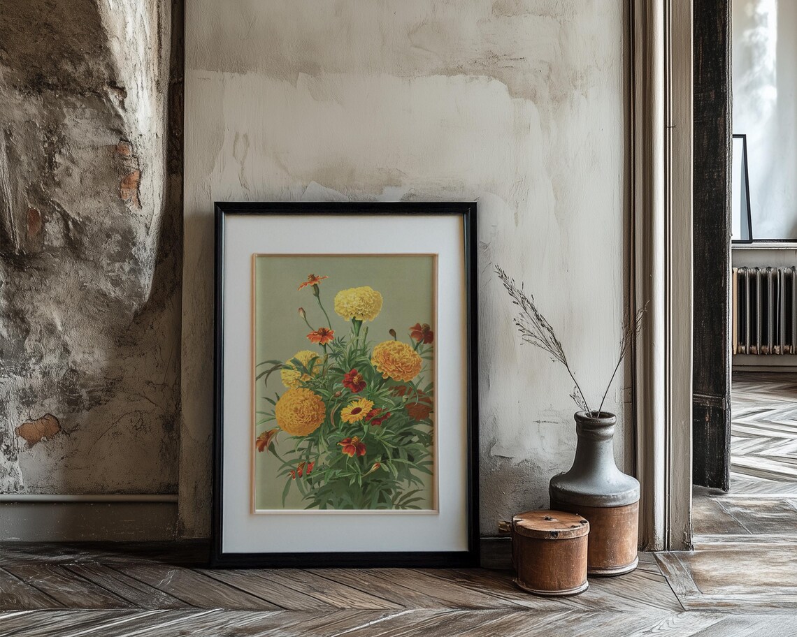 Golden Marigold Bouquet in Vintage Oil Painting Floral Art Poster - Image 3