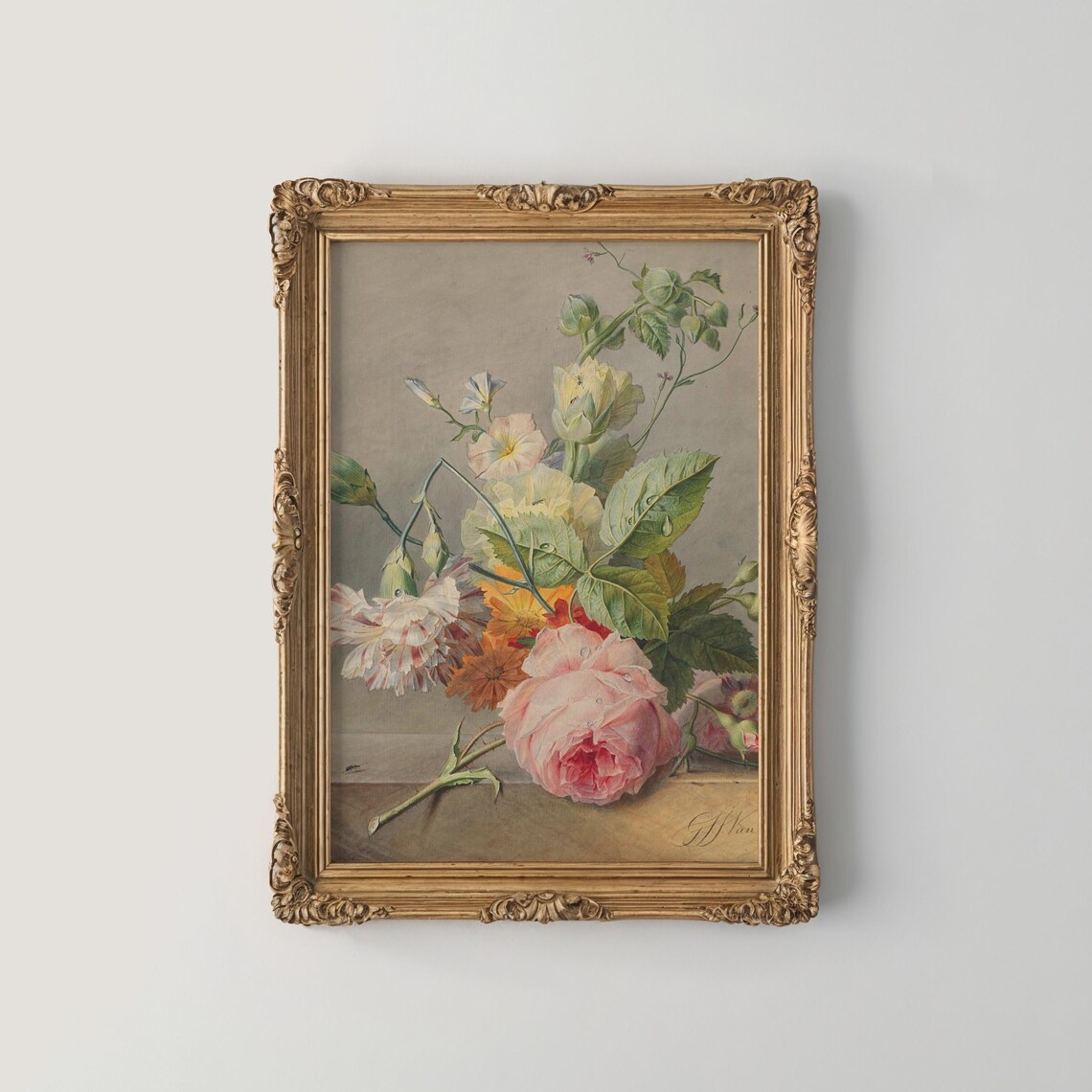 Delicate Pink Rose and Carnation Bouquet Vintage Botanical Poster
