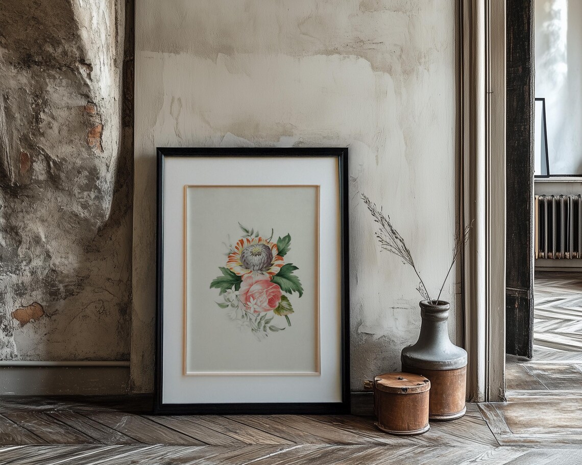 Striped Orange Flower And Pink Roses Vintage Botanical Print - Image 3