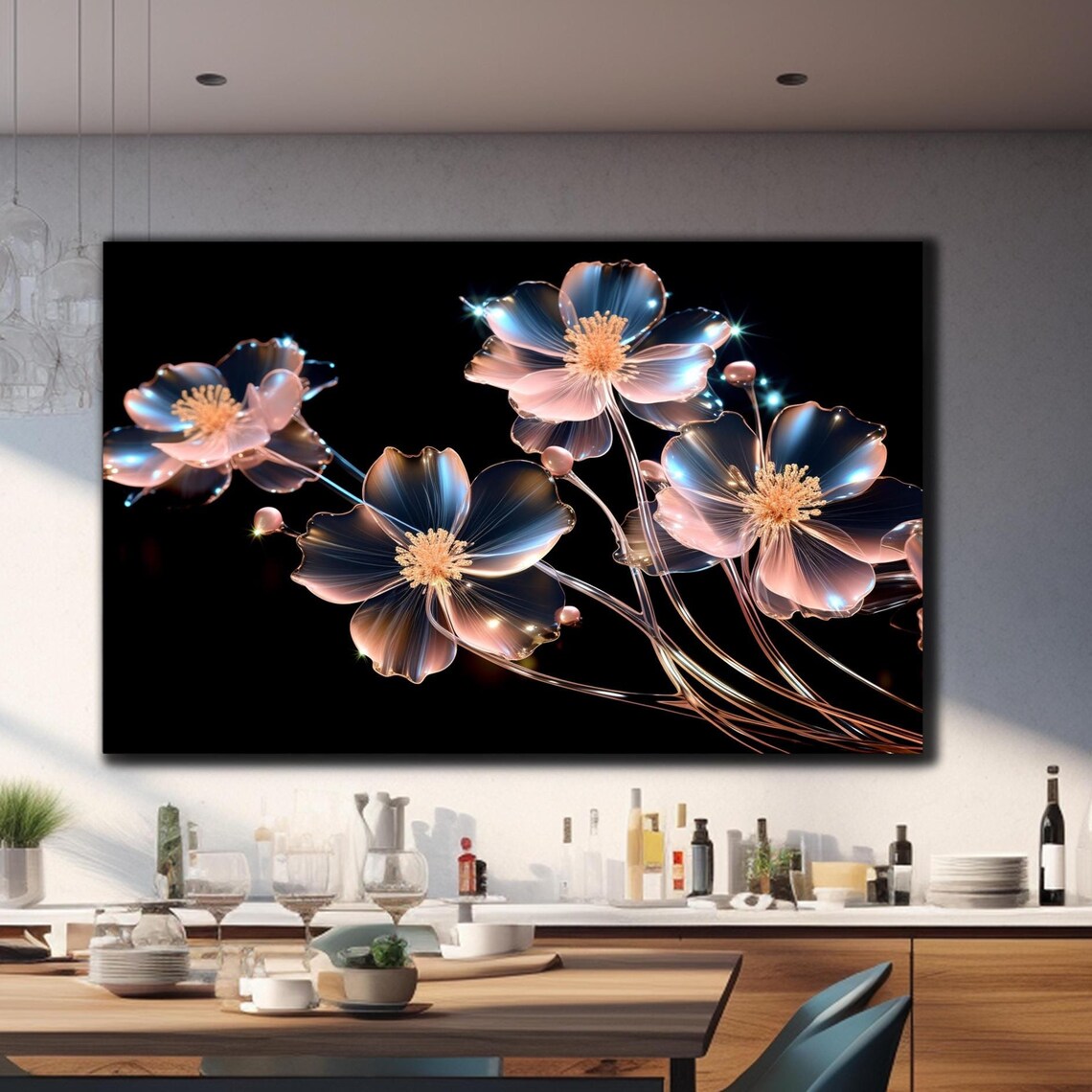 Iridescent Blue Pink Crystal Flowers Black Background Glass Wall Art