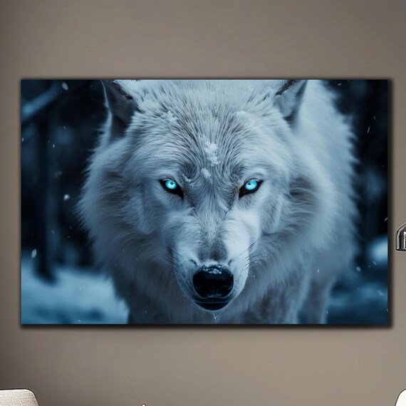 Dramatic Gray Wolf Piercing Cyan Eyes Snowy Forest Close Up Wall Art