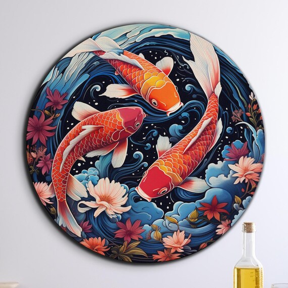 Koi Fish Wall Art Tempered Glass Wall Art Glass Printing Large Glass Wall Art Round Wall Art Koi Fish Wall Decor Japanese Koi Fish