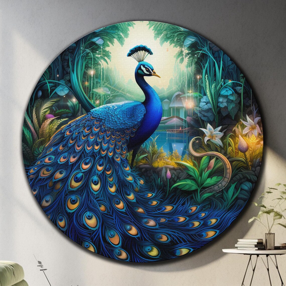 Peacock Jungle Garden Full Tail Feathers Tropical Paradise Wall Art
