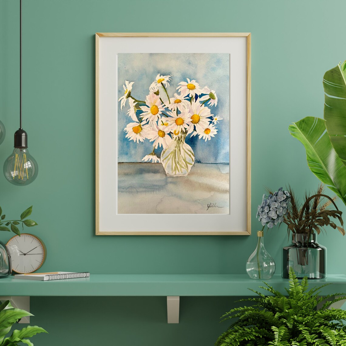 White Daisies in Glass Vase Watercolor Floral Still Life Poster - Image 5