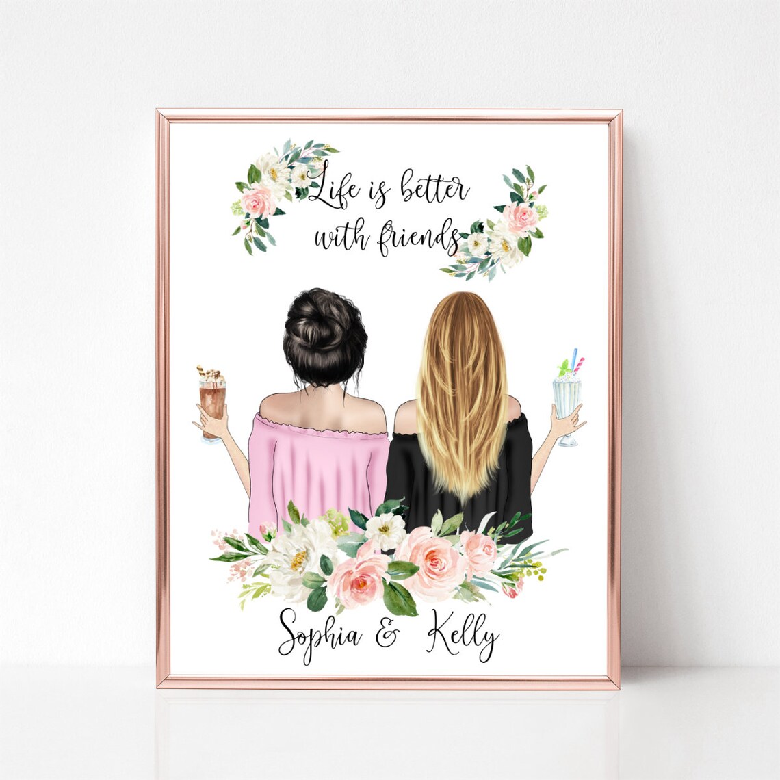 Life Is Better With Friends Floral Milkshakes Bestie Quote Poster