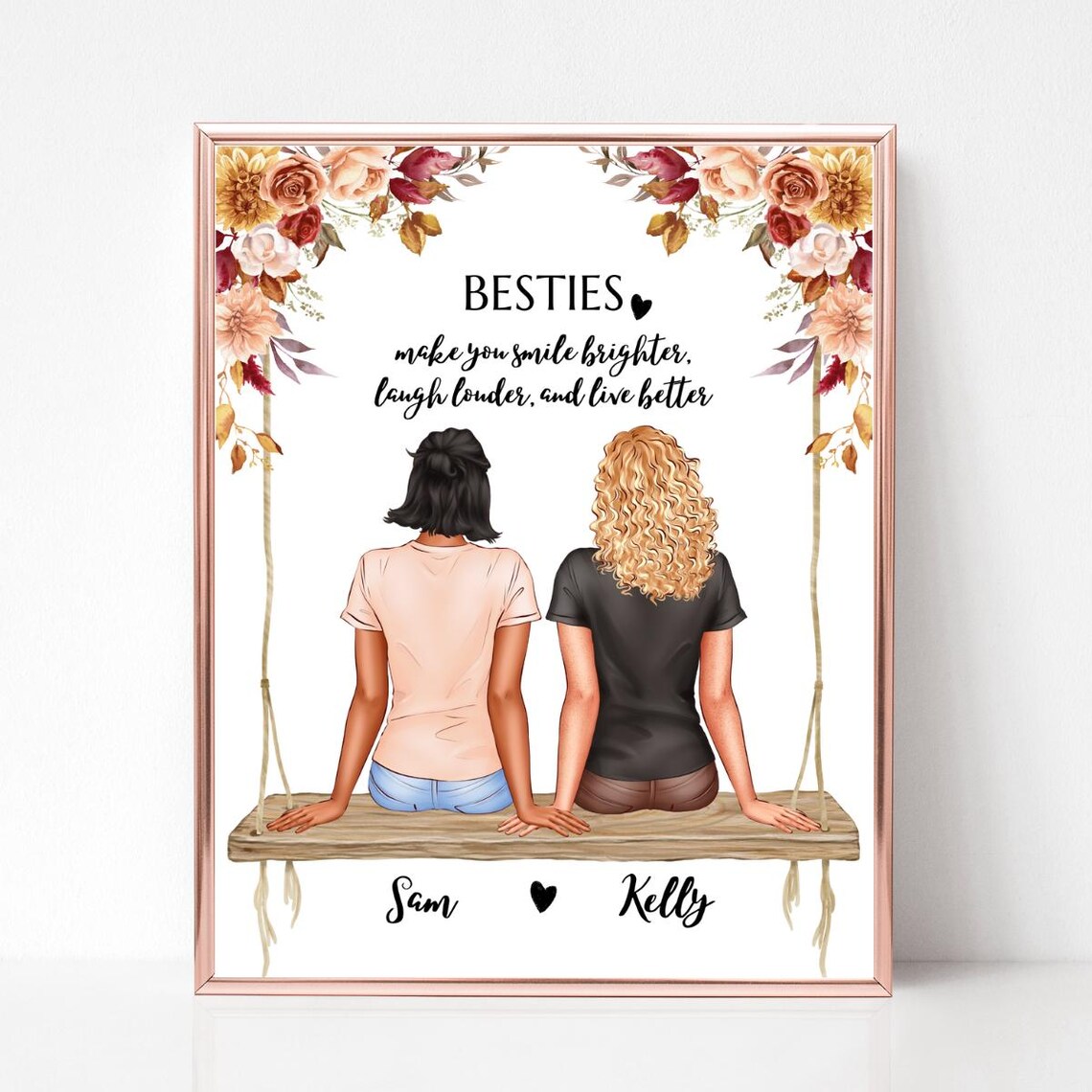 Besties Quote Two Friends on Swing Autumn Floral Portrait Poster - Image 6
