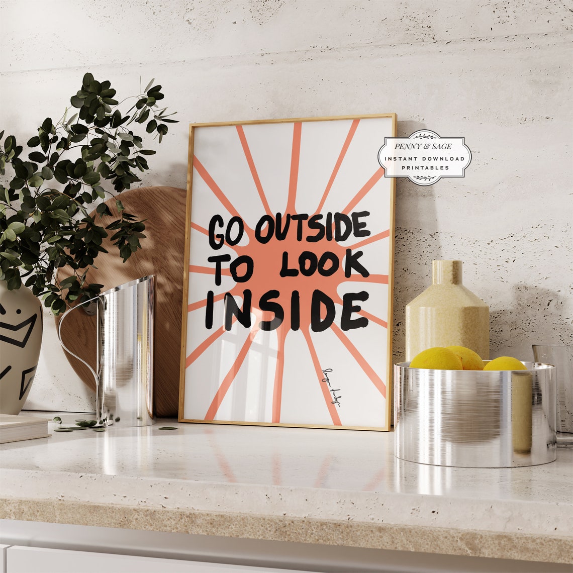 Go Outside To Look Inside Coral Sunburst Motivational Poster