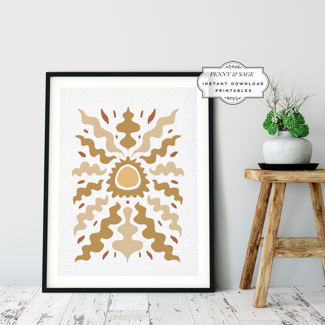 Beige Abstract Sunburst Mandala Warm Modern Boho Art Poster Decor