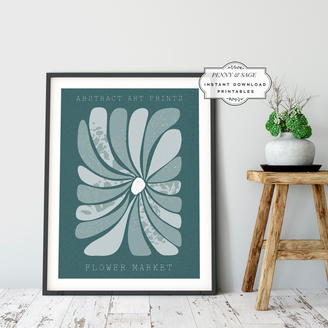 Flower Market Teal Pinwheel Flower Abstract Retro Botanical Art Poster