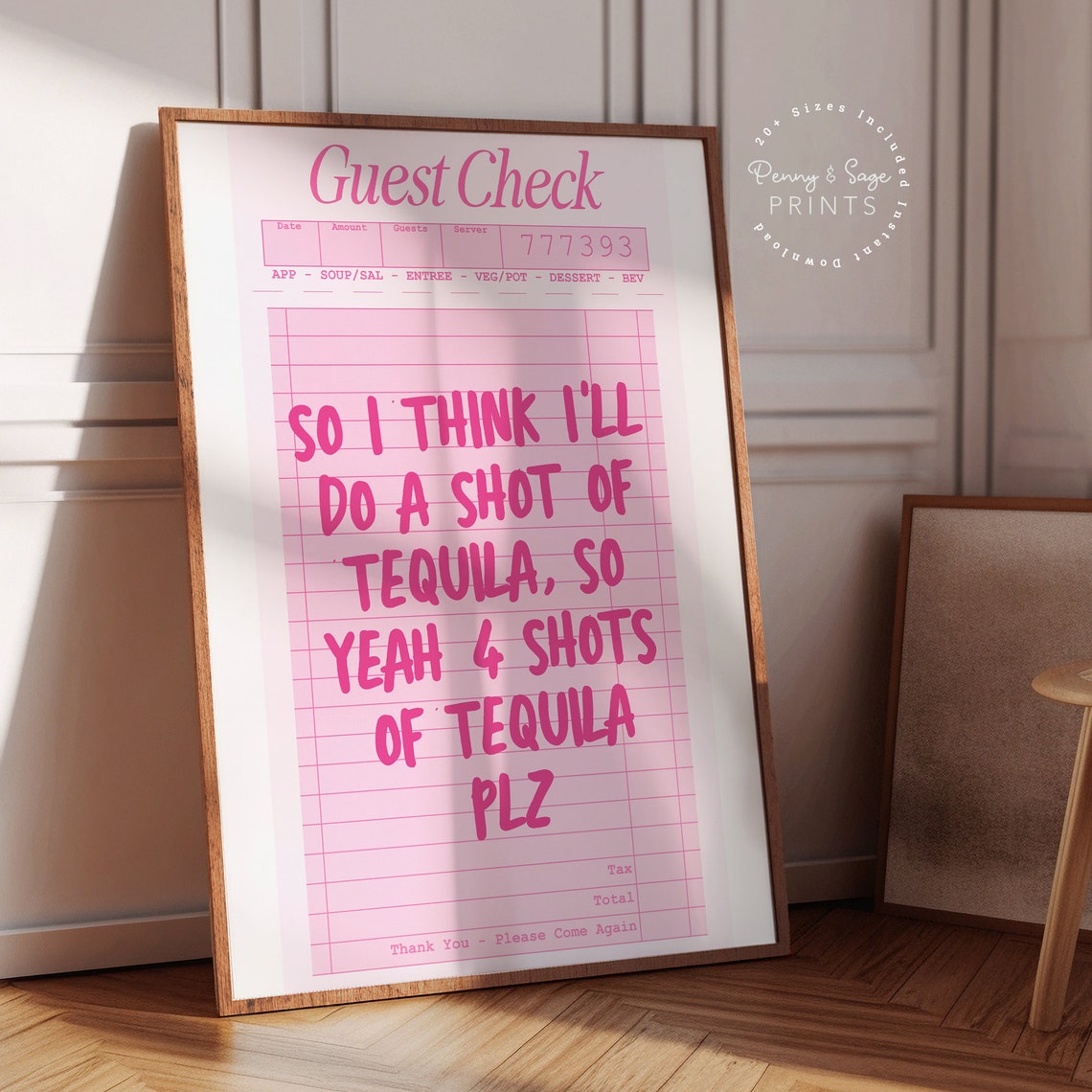 Four Shots Of Tequila Plz Pink Guest Check Funny Quote Poster - Image 2