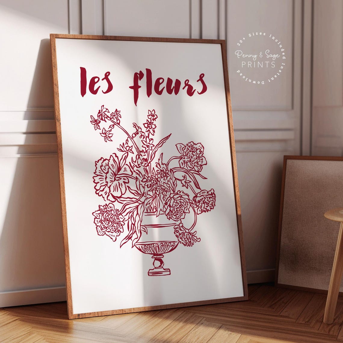 Les Fleurs Red Floral Vase Line Drawing French Vintage Style Poster - Image 2
