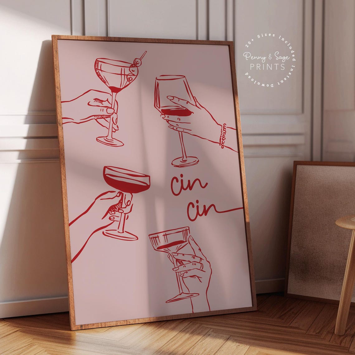 Cin Cin Cheers Red Line Cocktail Hands Blush Pink Art Poster - Image 2