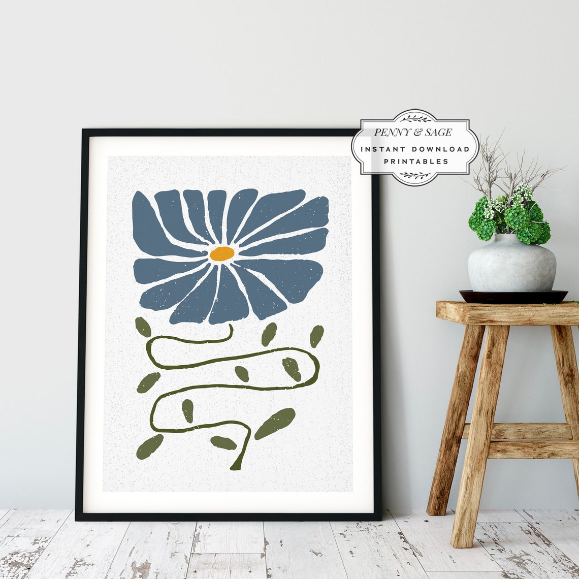 Blue Abstract Flower Yellow Center Modern Botanical Art Poster