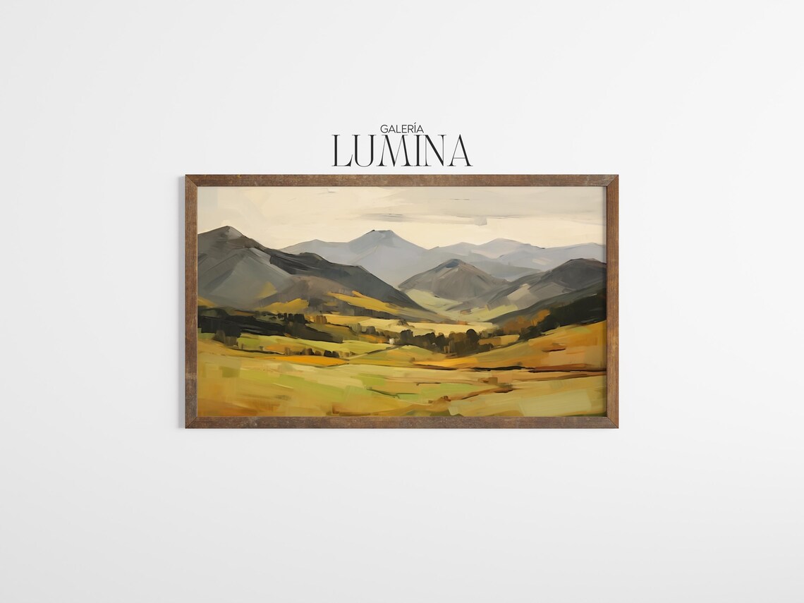 Golden Mountain Meadow Valley Minimalist Oil Painting Poster - Image 3