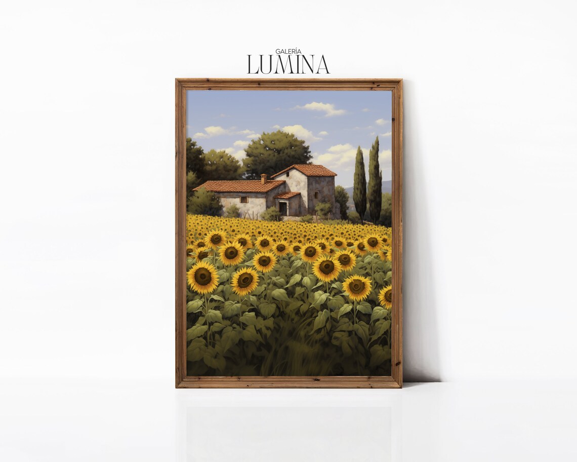 Tuscan Sunflower Field Stone Farmhouse Cypress Trees Oil Poster - Image 3
