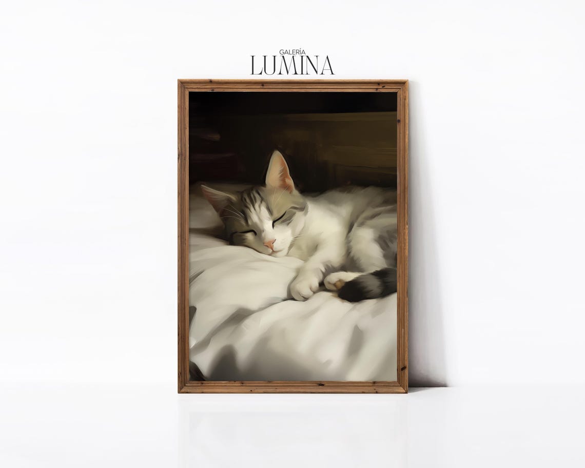 Sleeping White Cat on Bedding Vintage Dark Oil Painting Poster - Image 3