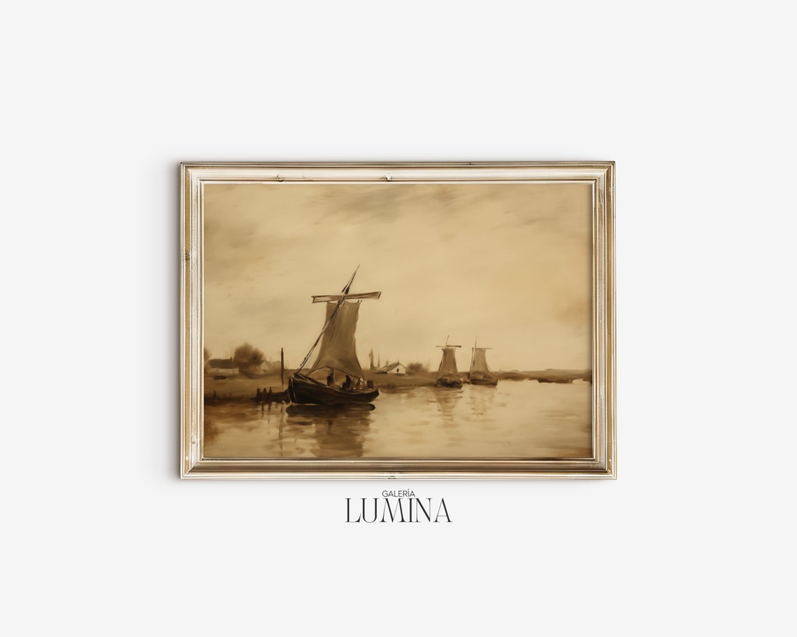 Vintage Moody Nautical Painting Antique Dark Brown Tones Sailboat Print Rustic Abstract Sea Wall Art Art Frame Tv Art 330 - Image 2