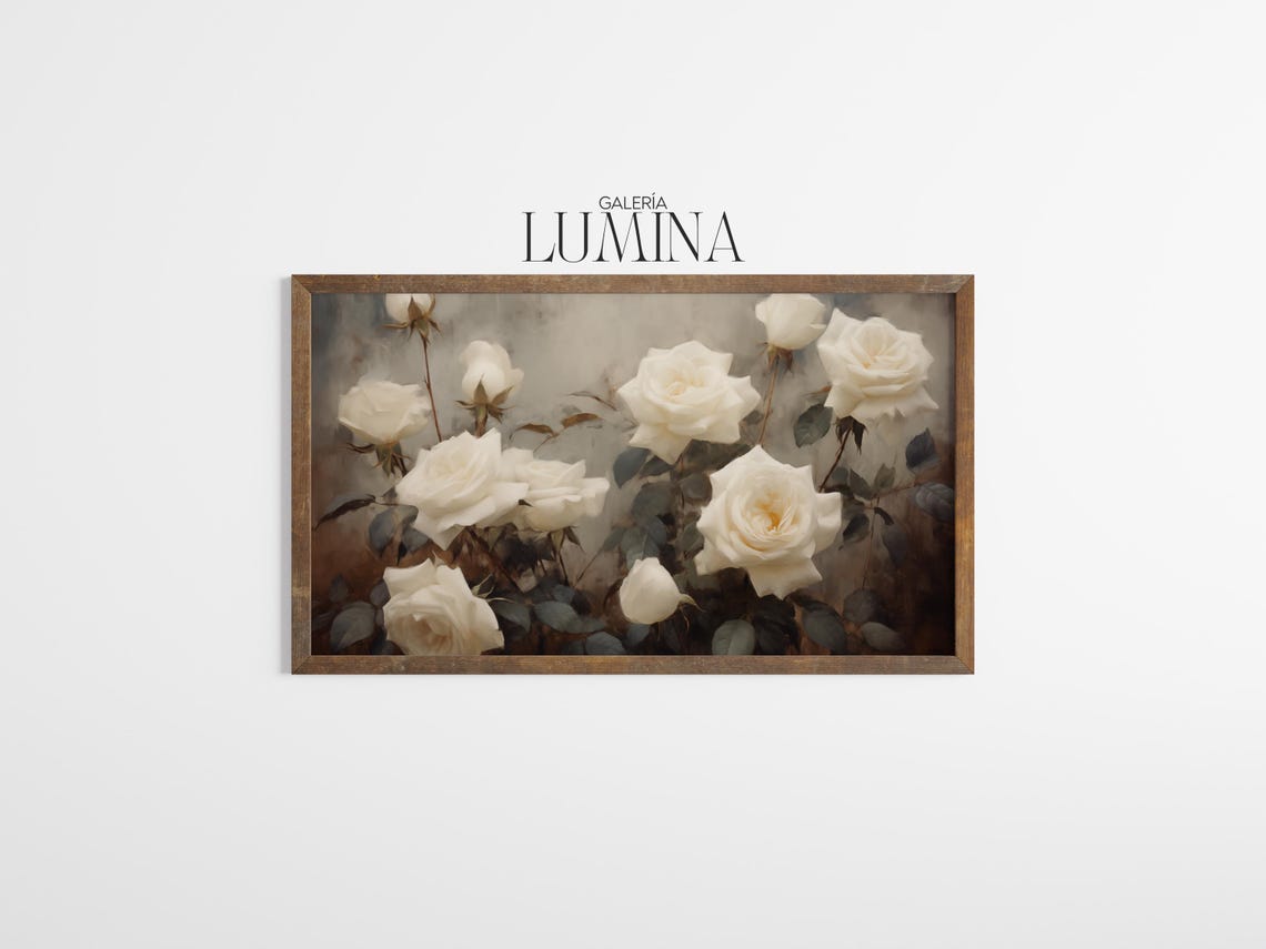 Vintage White Roses Oil Painting Antique Floral Still Life Painting Moody White Flowers Rustic Print Art Frame Tv Art 916 - Image 3