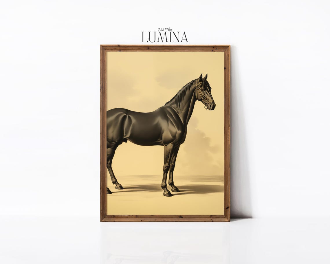 Black Stallion Standing Portrait in Sepia Horse Artwork Poster - Image 2