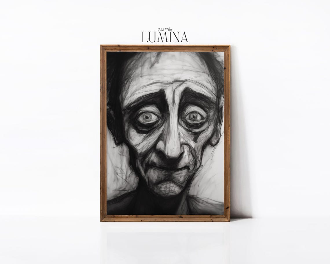 Expressive Charcoal Old Man Face Sketch Moody Portrait Art Poster - Image 2