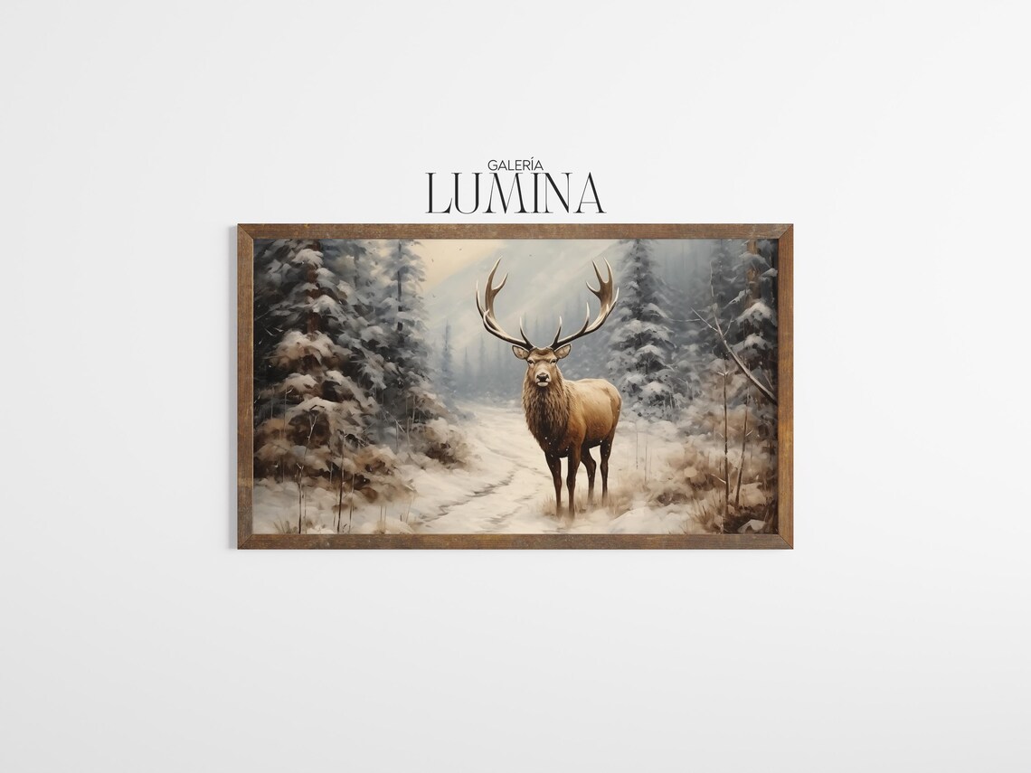 Vintage Winter Elk Oil Painting, Rustic Art Print - Image 3