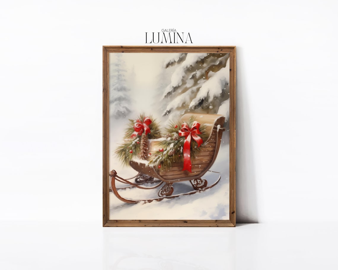 Wooden Sleigh With Pine Garlands and Red Bows in Falling Snow Poster - Image 2