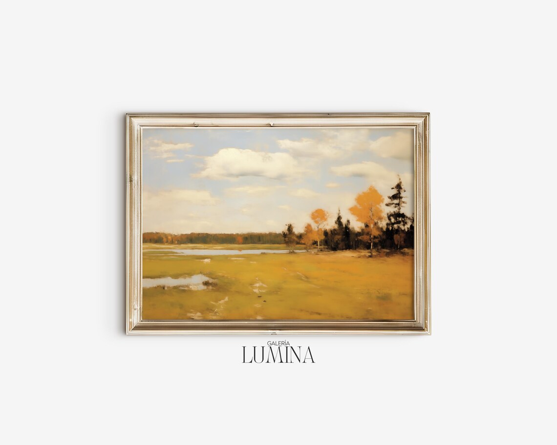 Minimalist Autumn Marsh Meadow Golden Field And Pond Oil Poster - Image 2
