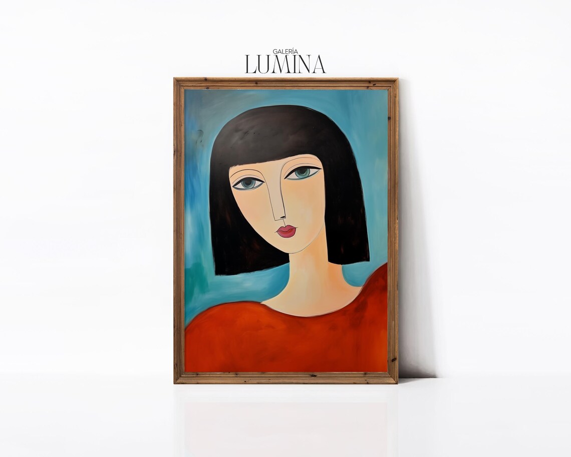 Modern Woman Portrait Bob Haircut Red Top Blue Background Painting Poster - Image 2