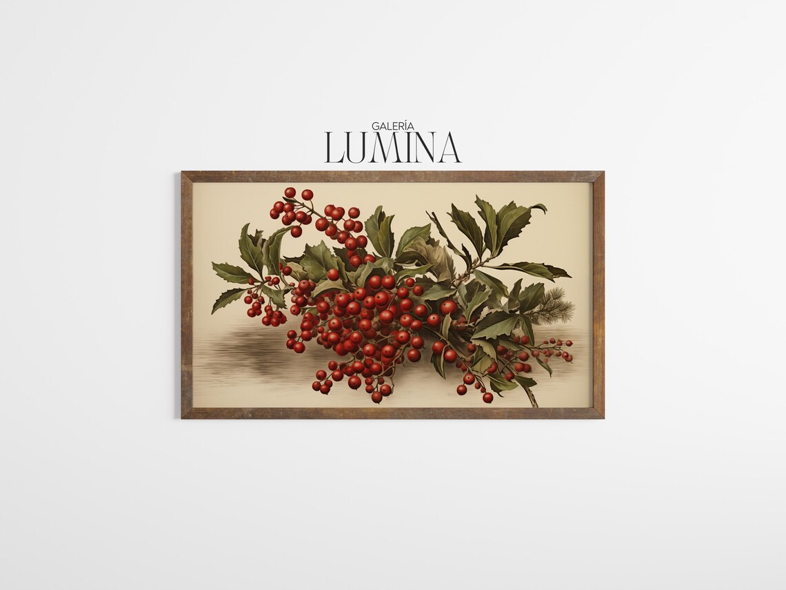Red Winter Berries Branch Vintage Botanical Holiday Christmas Poster - Image 3