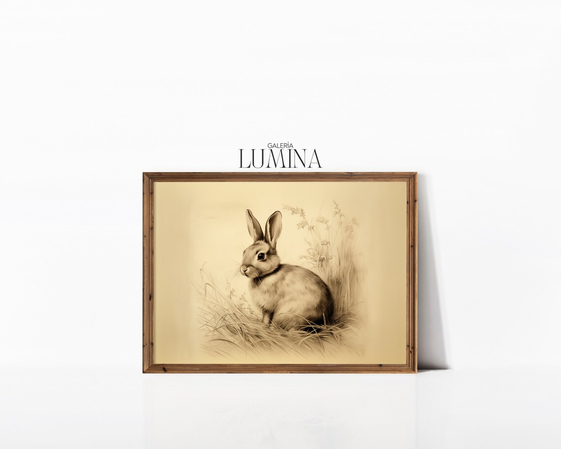 Vintage Rabbit in Grass Sepia Nursery Bunny Illustration Poster - Image 3