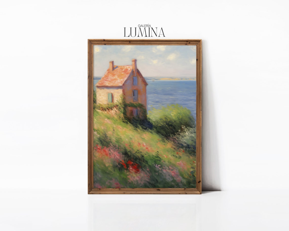 Impressionist Coastal Cliff Cottage Blue Sea Wildflowers Poster - Image 3