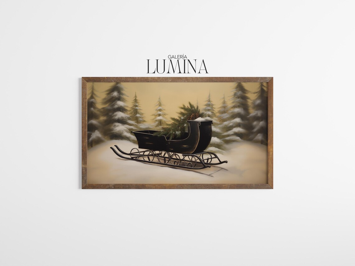 Black Sleigh Filled With Pine Branches in a Snowy Winter Forest Poster - Image 3