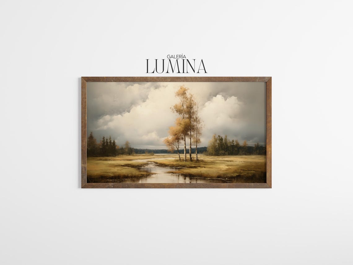 Vintage River Landscape Oil Painting Muted Spring Landscape Painting Wide Meadow And Forest Print Art Frame Tv Art 819 - Image 3