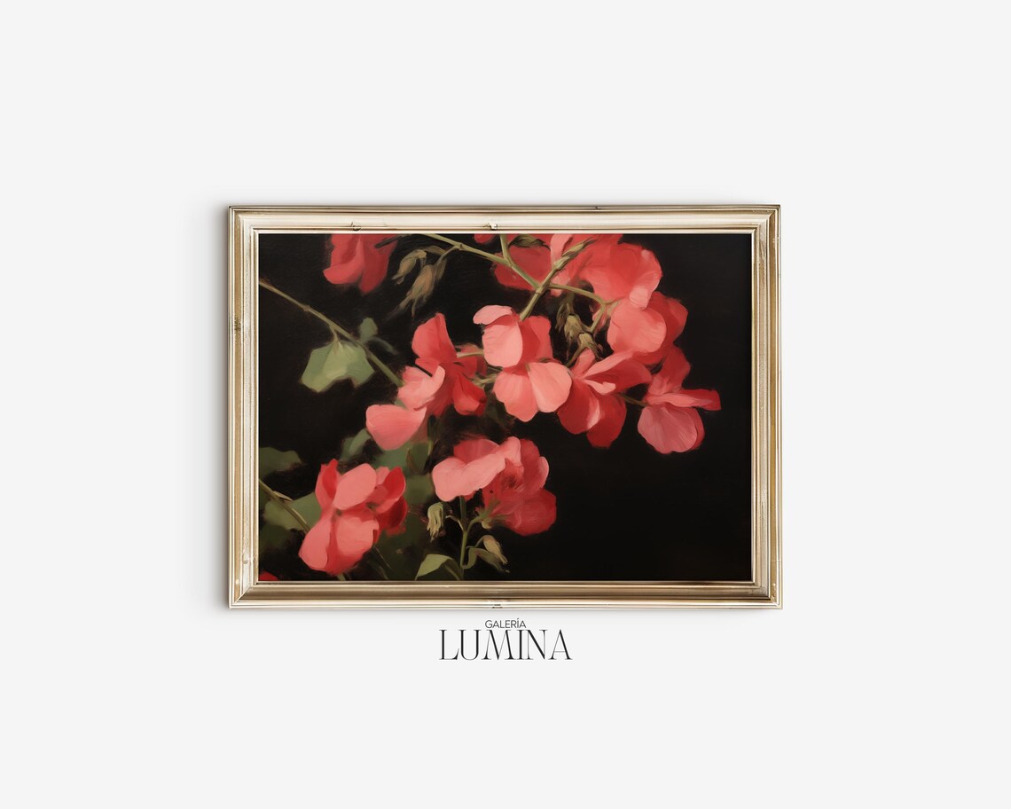 Pink Sweet Pea Flowers on Dark Background Oil Painting Poster - Image 2