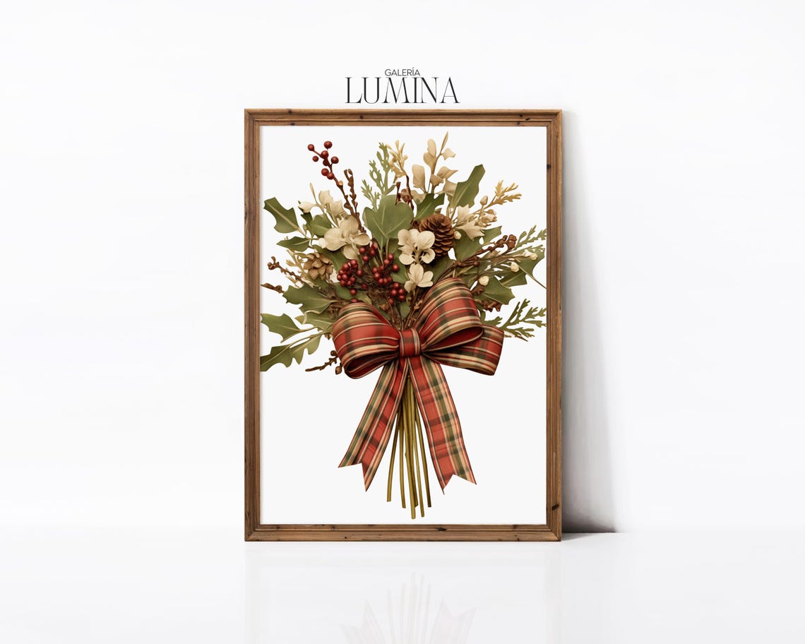 Rustic Christmas Bouquet With Plaid Bow Holiday Floral Art Poster - Image 2