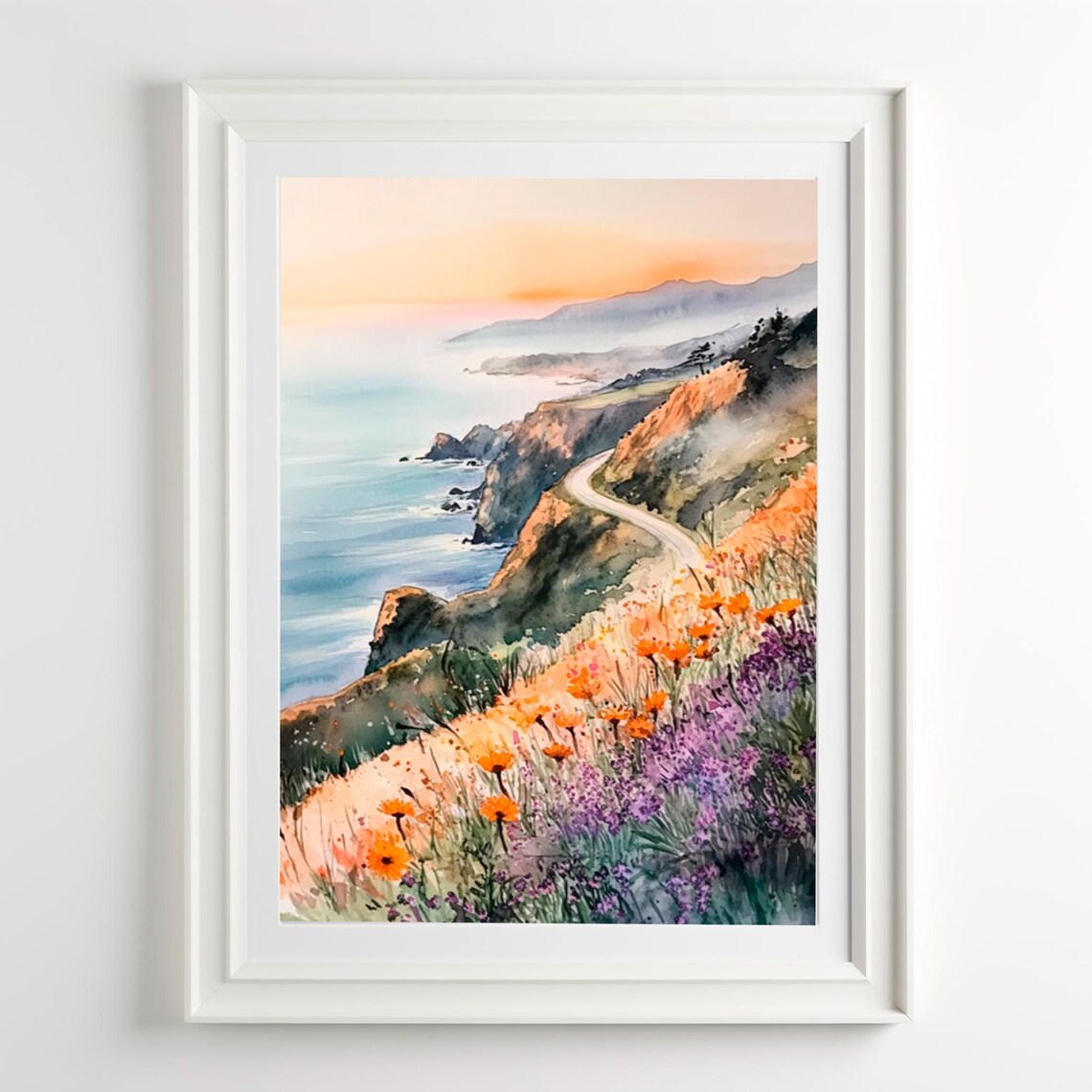Big Sur Sunset Watercolor Art Print, Coastal Wall Art